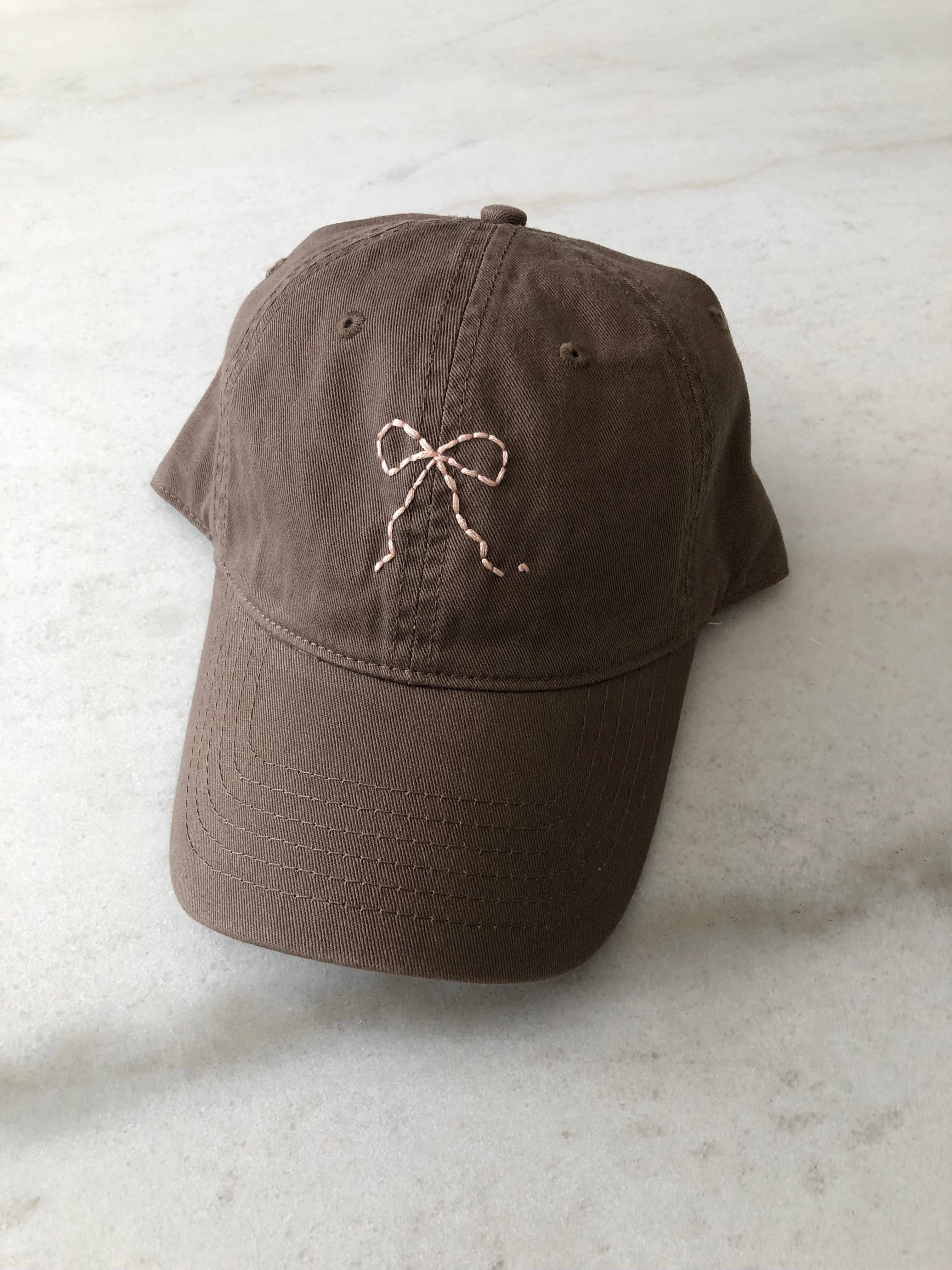 Hand-Embroidered Bow Caps – Neutral Cotton Adjustable Hat