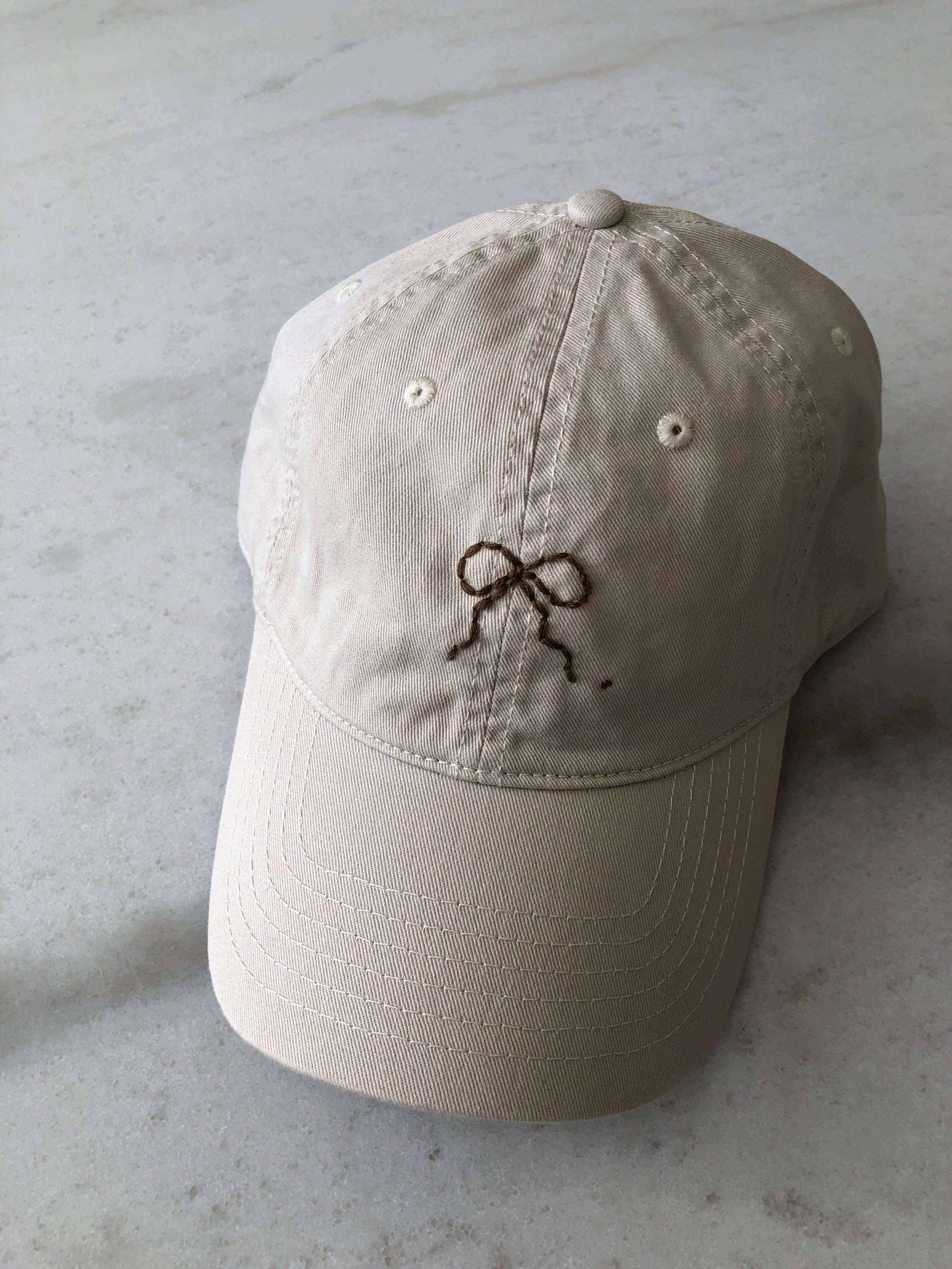 Hand-Embroidered Bow Caps – Neutral Cotton Adjustable Hat