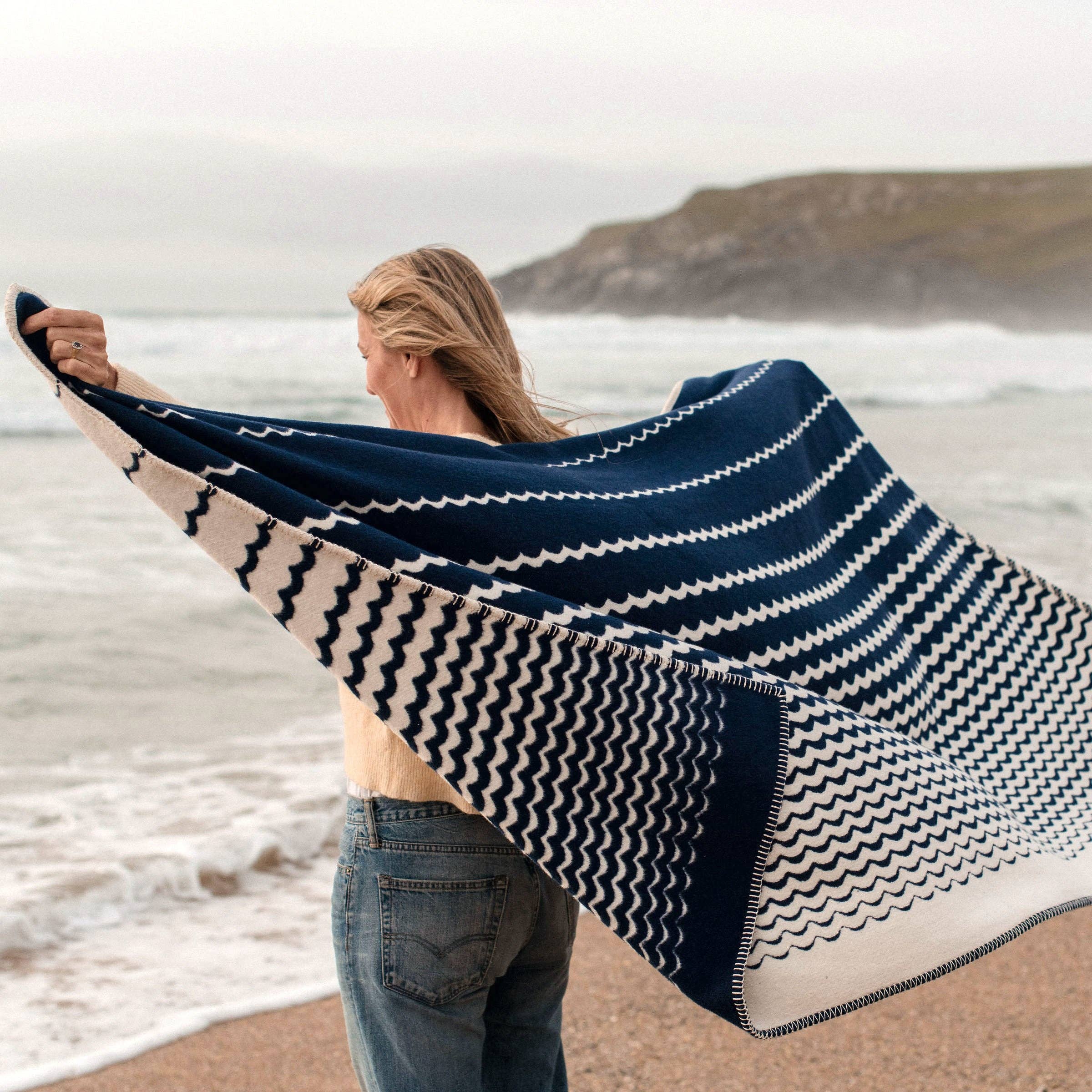 Navy Swell Recycled Cotton Blanket – Sustainable Coastal Comfort