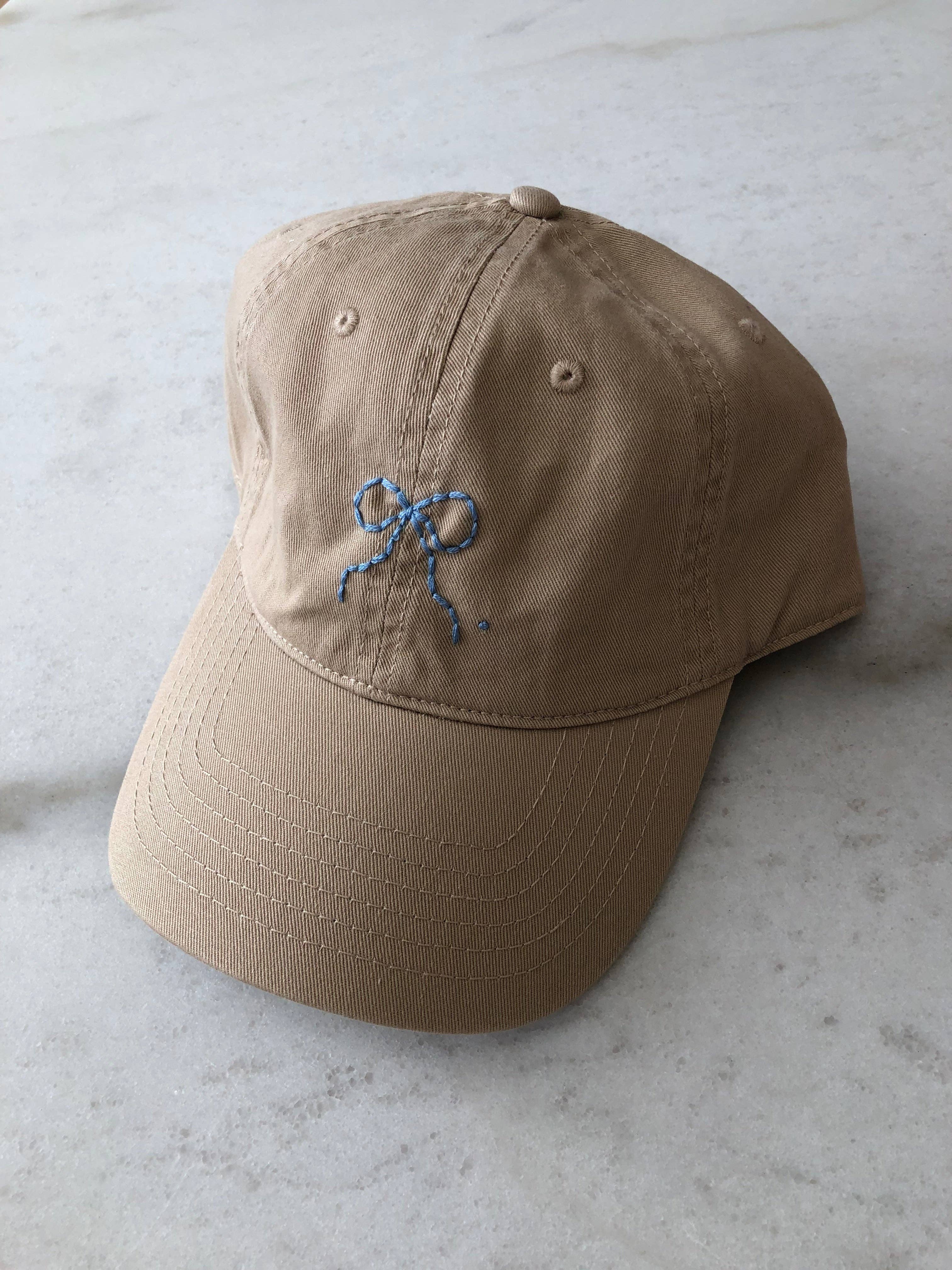 Hand-Embroidered Bow Caps – Neutral Cotton Adjustable Hat