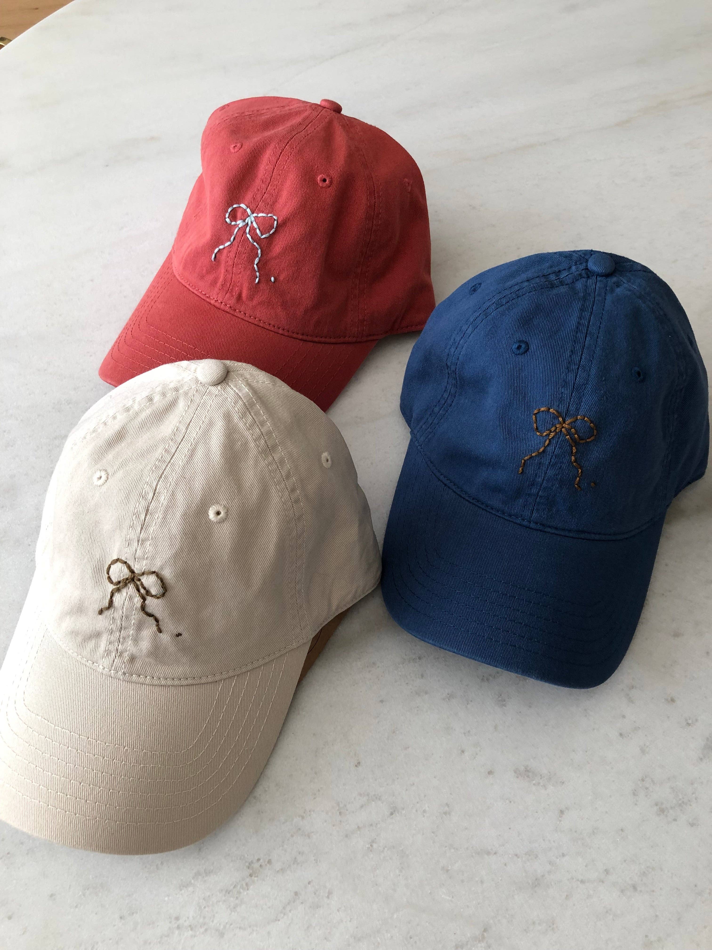 Hand-Embroidered Bow Caps – Neutral Cotton Adjustable Hat