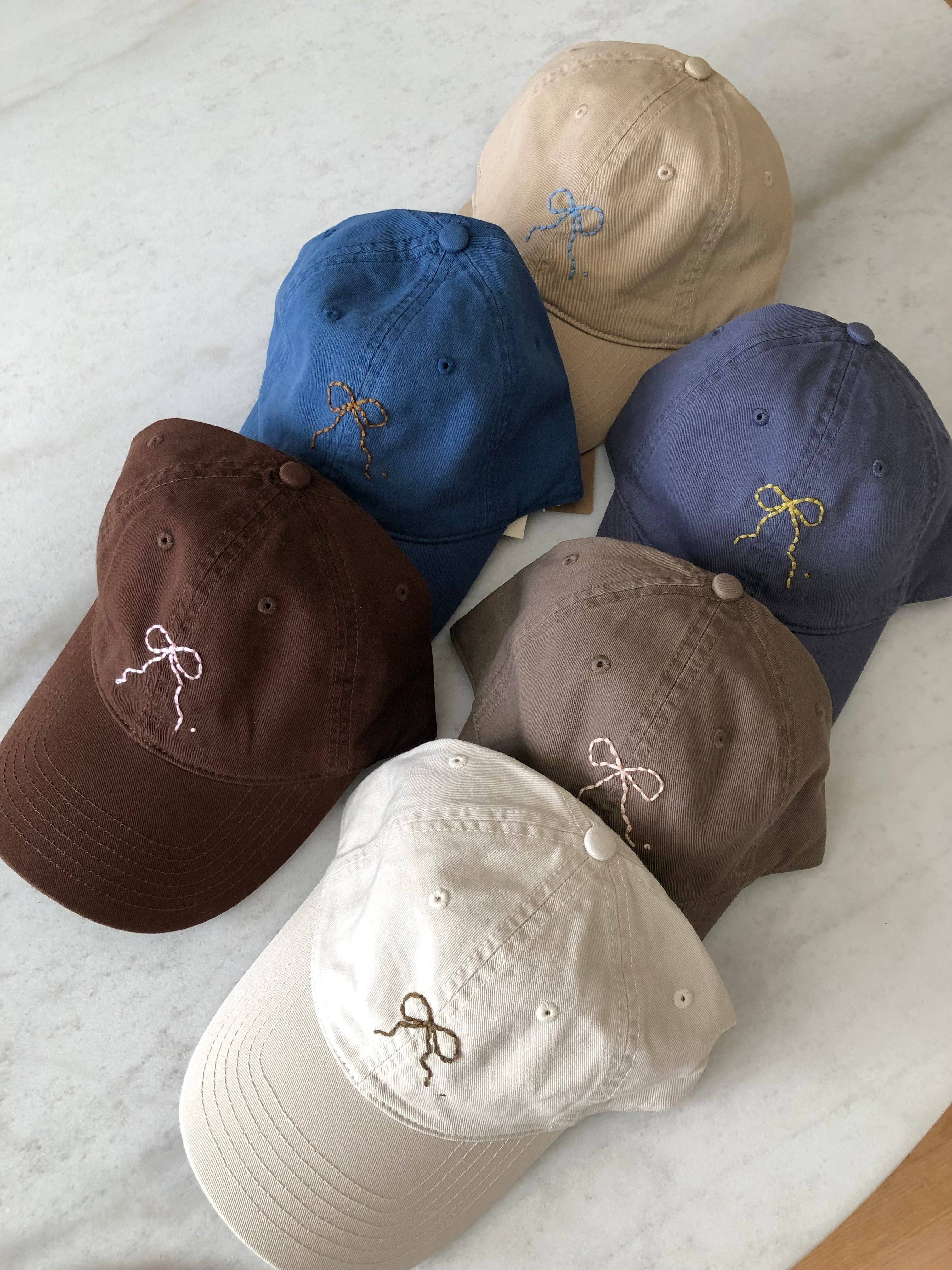 Hand-Embroidered Bow Caps – Neutral Cotton Adjustable Hat