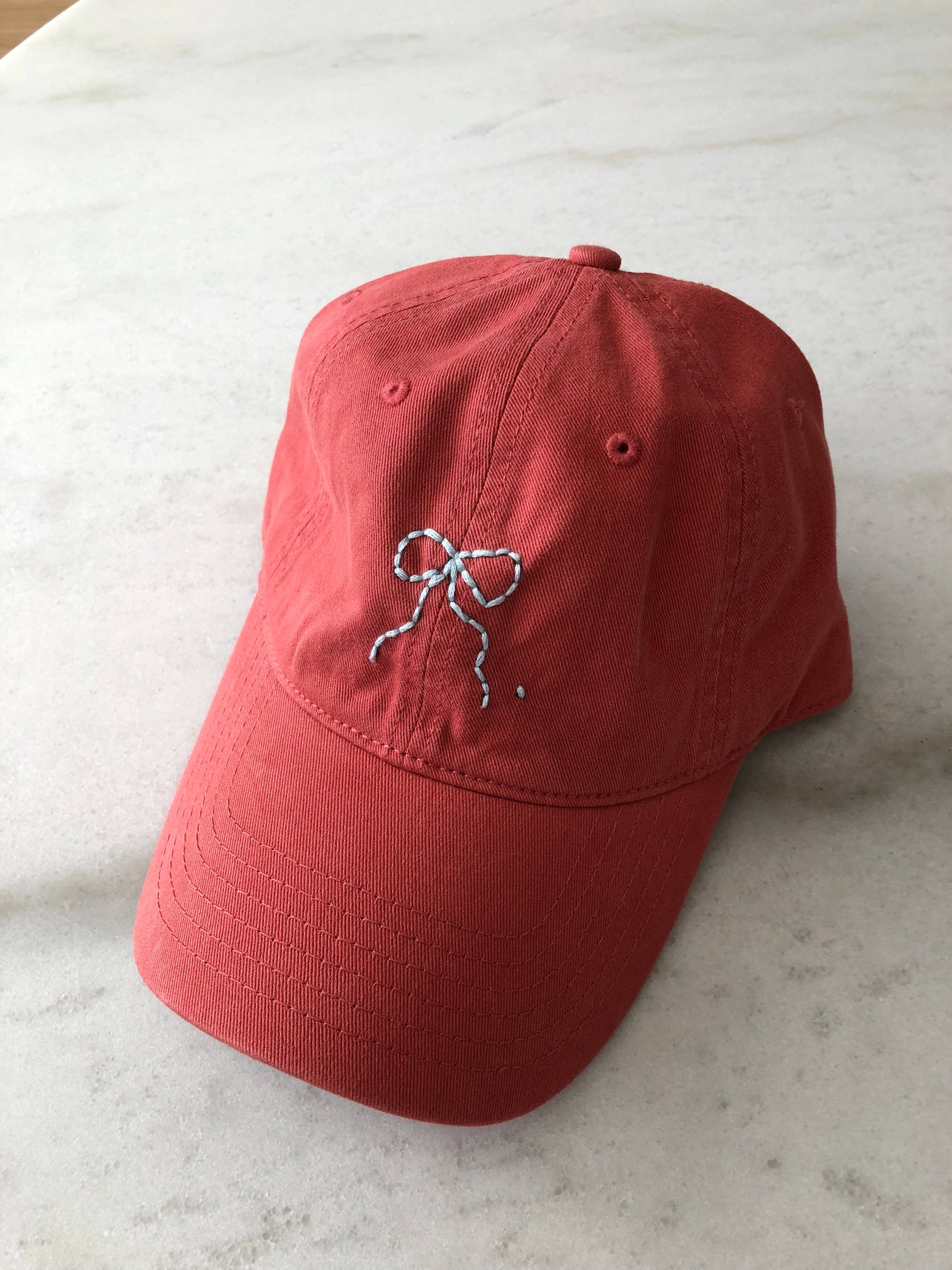 Hand-Embroidered Bow Caps – Neutral Cotton Adjustable Hat