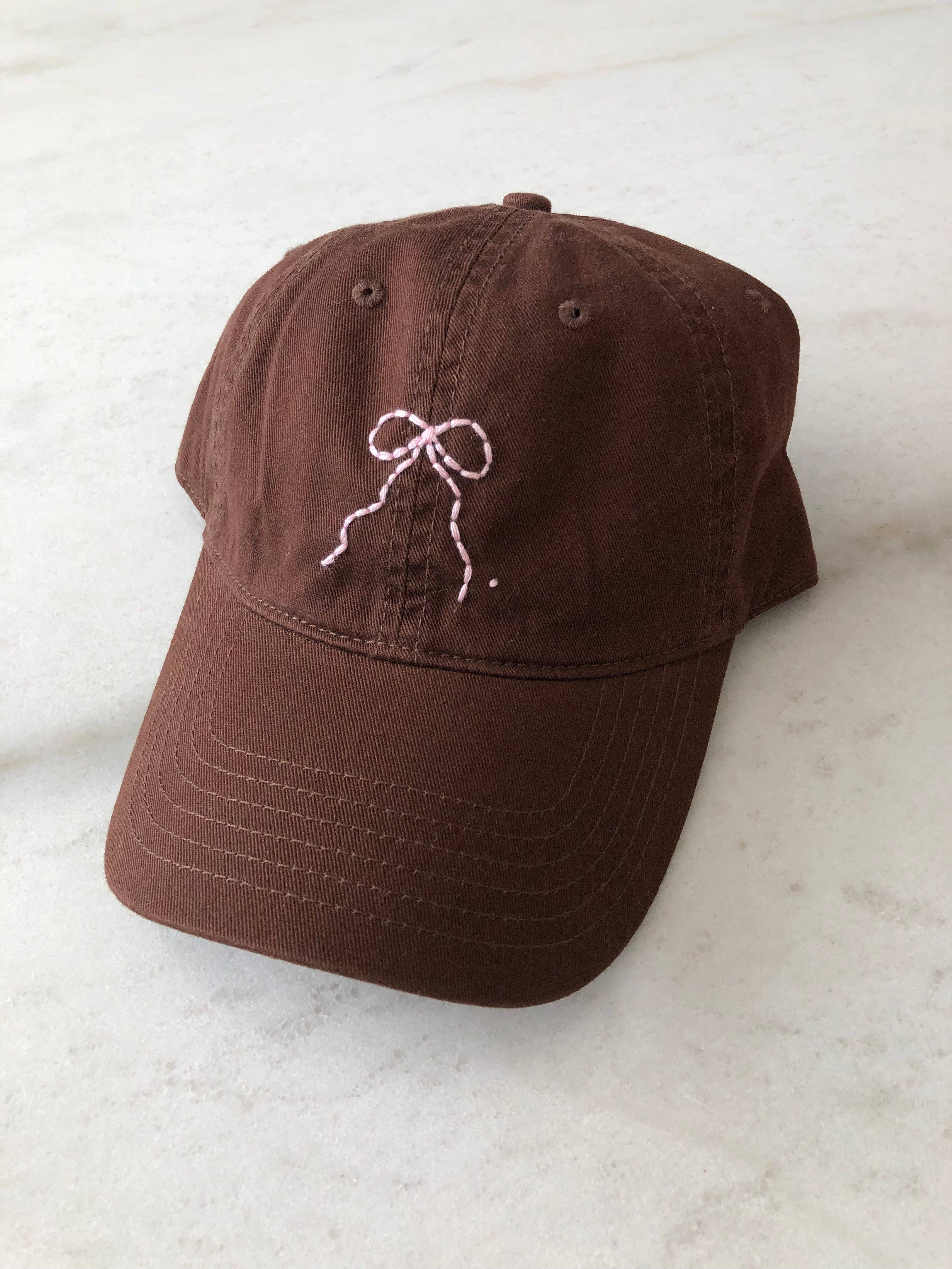 Hand-Embroidered Bow Caps – Neutral Cotton Adjustable Hat