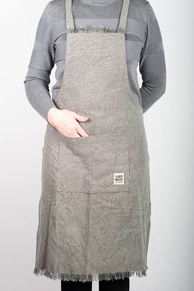 Stone Washed Grey Apron with Fringes – Classic Cotton Kitchen Style