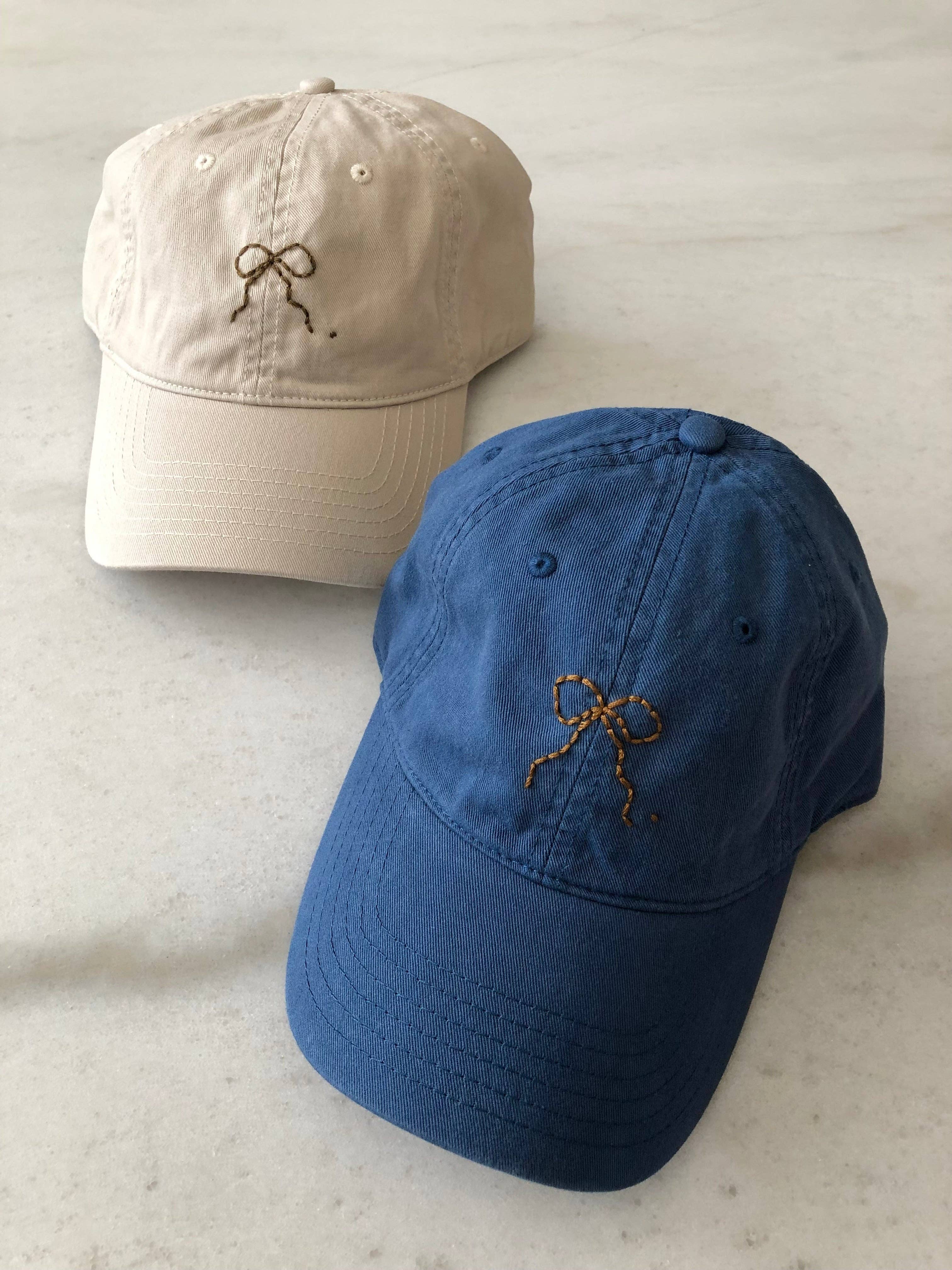 Hand-Embroidered Bow Caps – Neutral Cotton Adjustable Hat