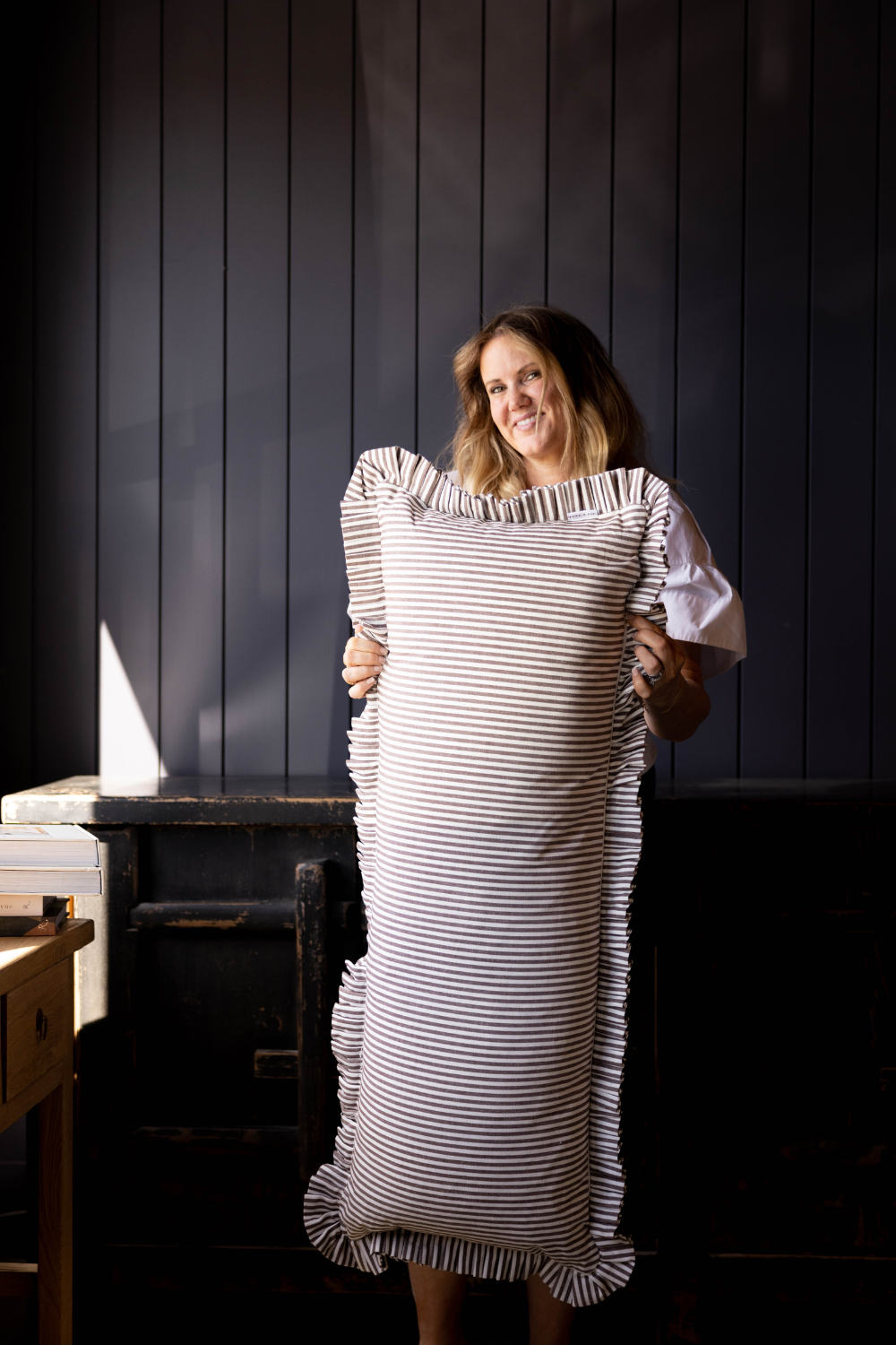 Ruffle Bolster Pillow – Brown & White Stripes Lumbar Cushion with Insert