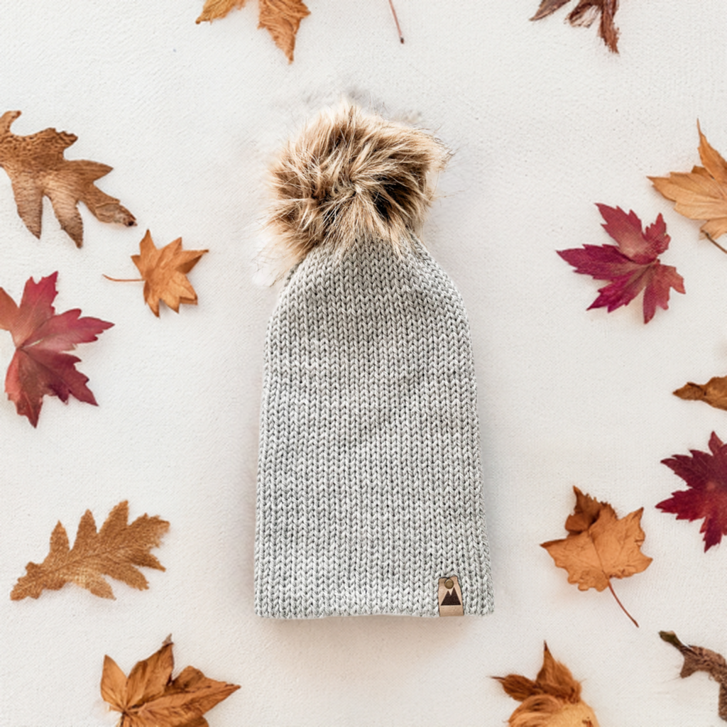 Pale Grey Knit Beanie Toque with Fur Pom Pom (Winter Hat)